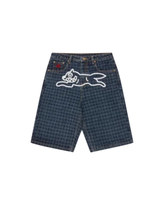 Damen-Jeansshorts mit Hahnentrittmuster und Running Dog Damen-Jeansshorts mit Hahnentrittmuster und Running Dog