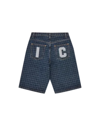 Damen-Jeansshorts mit Hahnentrittmuster und Running Dog Damen-Jeansshorts mit Hahnentrittmuster und Running Dog
