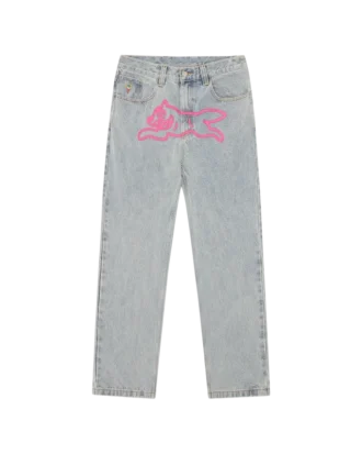 Jeanshose mit „Running Dog“-Motiv und doppeltem Bund